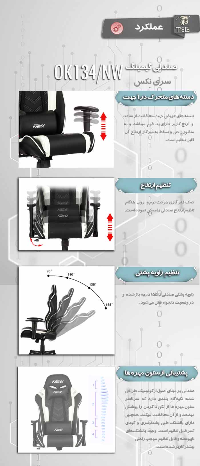 خرید صندلی گیمینگ دی ایکس ریسر نکس DxRacer OK134/NW Nex Series